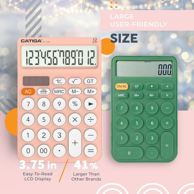 CATIGA 12 Digit Desktop Calculator Basic Desk Calculator with Large LCD Display, Big Buttons, 4 Function, Solar and Battery Dual Power, for Office, School, Home, SD-1292 Pink - Image 3